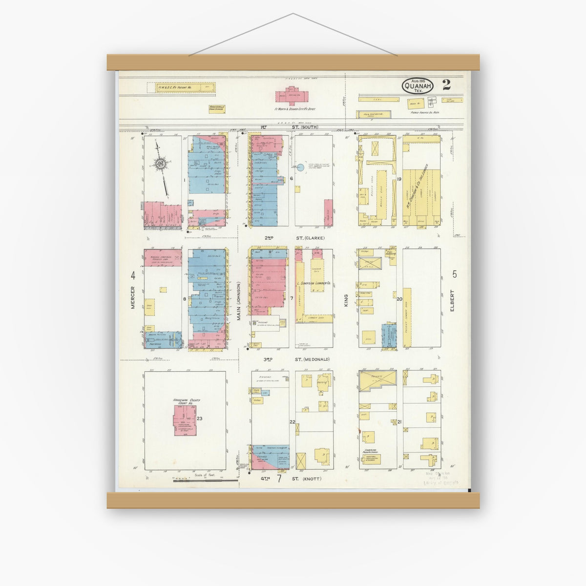 Old map wall art mockup — magnetic wood frame on white wall — Sanborn Fire Insurance Map from Quanah, Hardeman County, Texas (1915), Sheet #0002