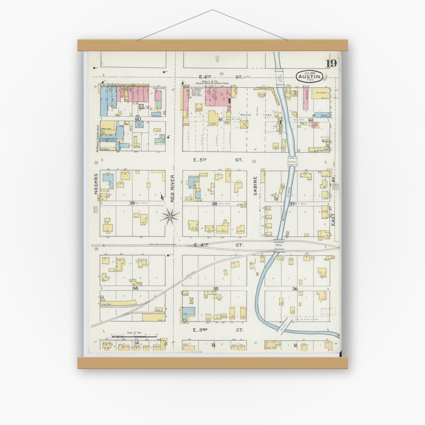 Old map wall art mockup — magnetic wood frame on white wall — Sanborn Fire Insurance Map from Austin, Travis County, Texas (1894), Sheet #0019