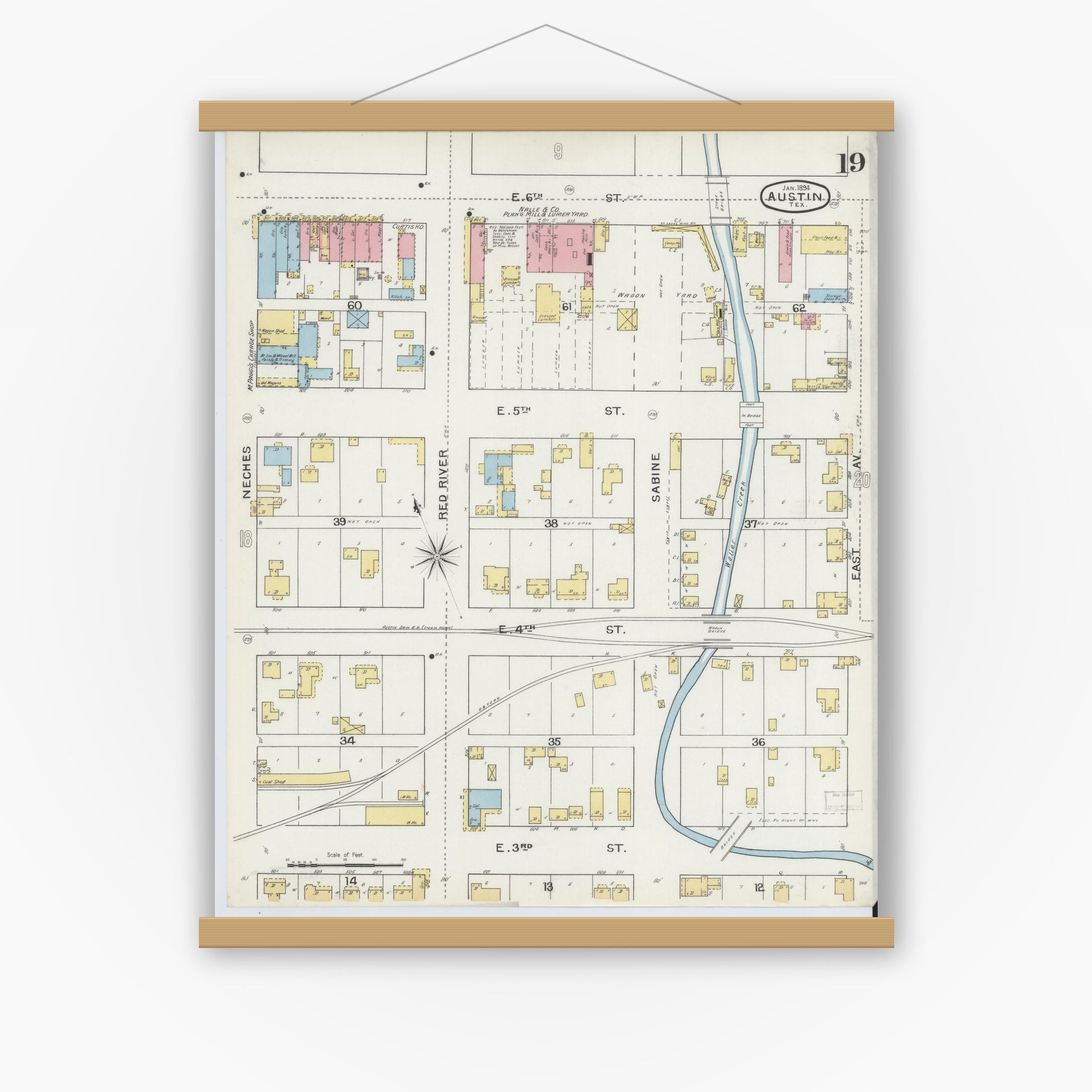 Old map wall art mockup — magnetic wood frame on white wall — Sanborn Fire Insurance Map from Austin, Travis County, Texas (1894), Sheet #0019