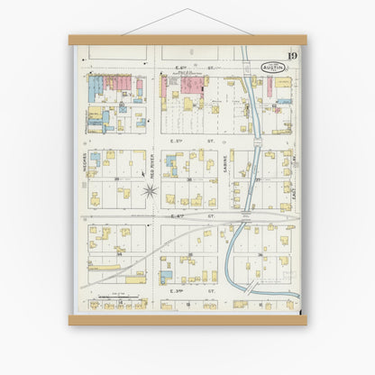 Old map wall art mockup — magnetic wood frame on white wall — Sanborn Fire Insurance Map from Austin, Travis County, Texas (1894), Sheet #0019