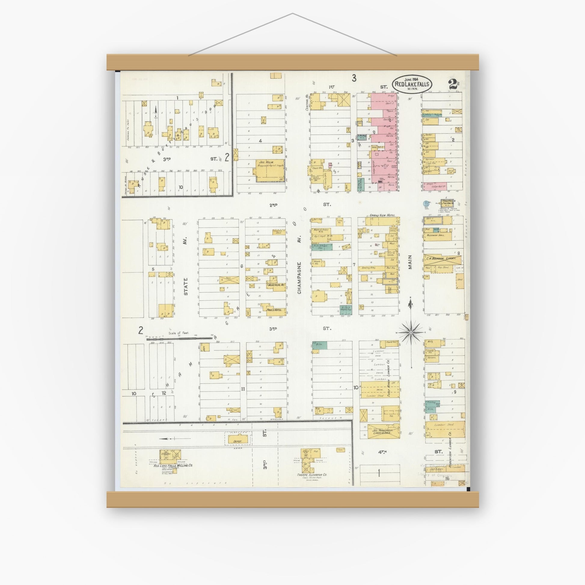 Old map wall art mockup — magnetic wood frame on white wall — Sanborn Fire Insurance Map from Red Lake Falls, Red Lake County, Minnesota (1904), Sheet #0002