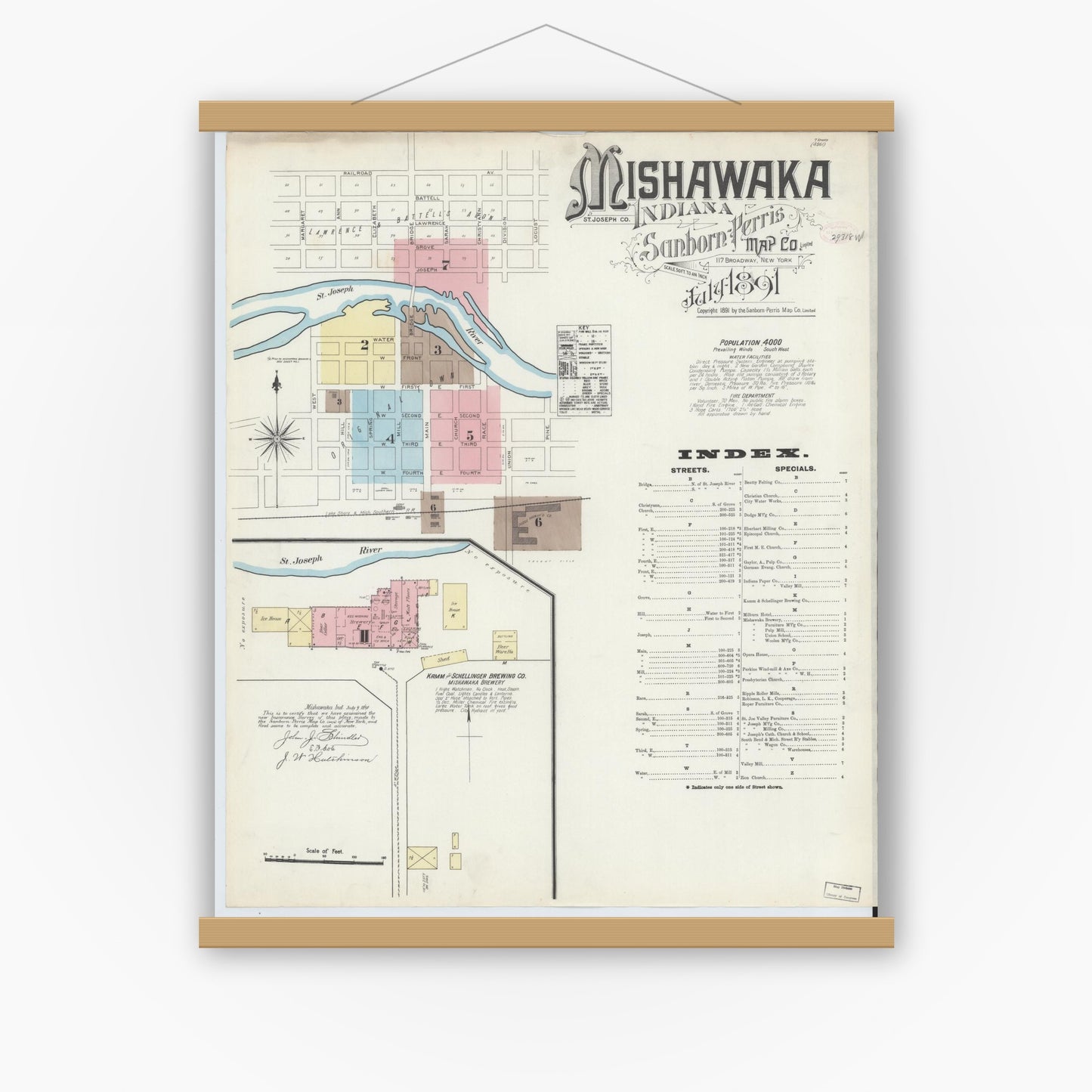 Old map wall art mockup — magnetic wood frame on white wall — Sanborn Fire Insurance Map from Mishawaka, Saint Joseph County, Indiana (1891) - Complete Map Set