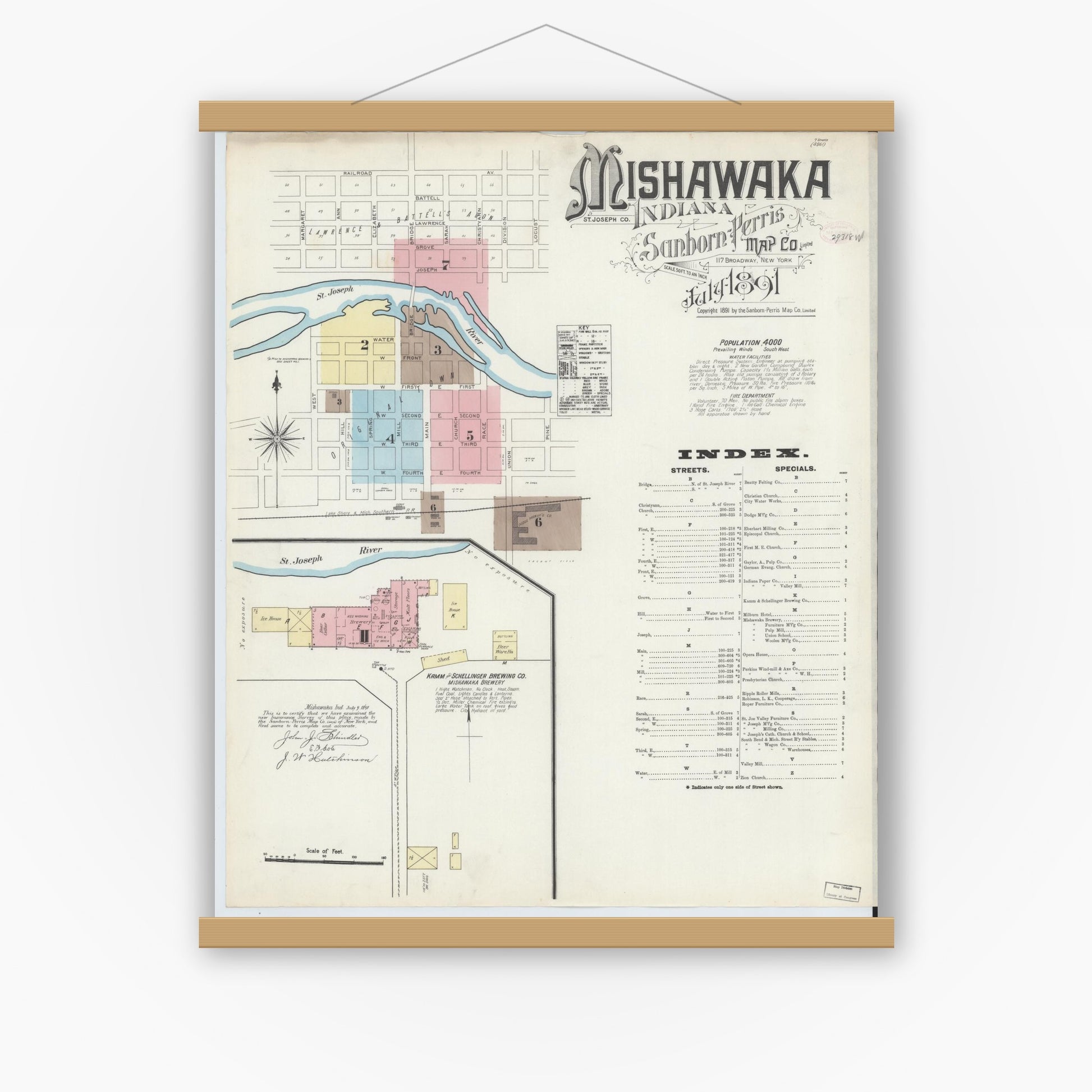 Old map wall art mockup — magnetic wood frame on white wall — Sanborn Fire Insurance Map from Mishawaka, Saint Joseph County, Indiana (1891) - Complete Map Set