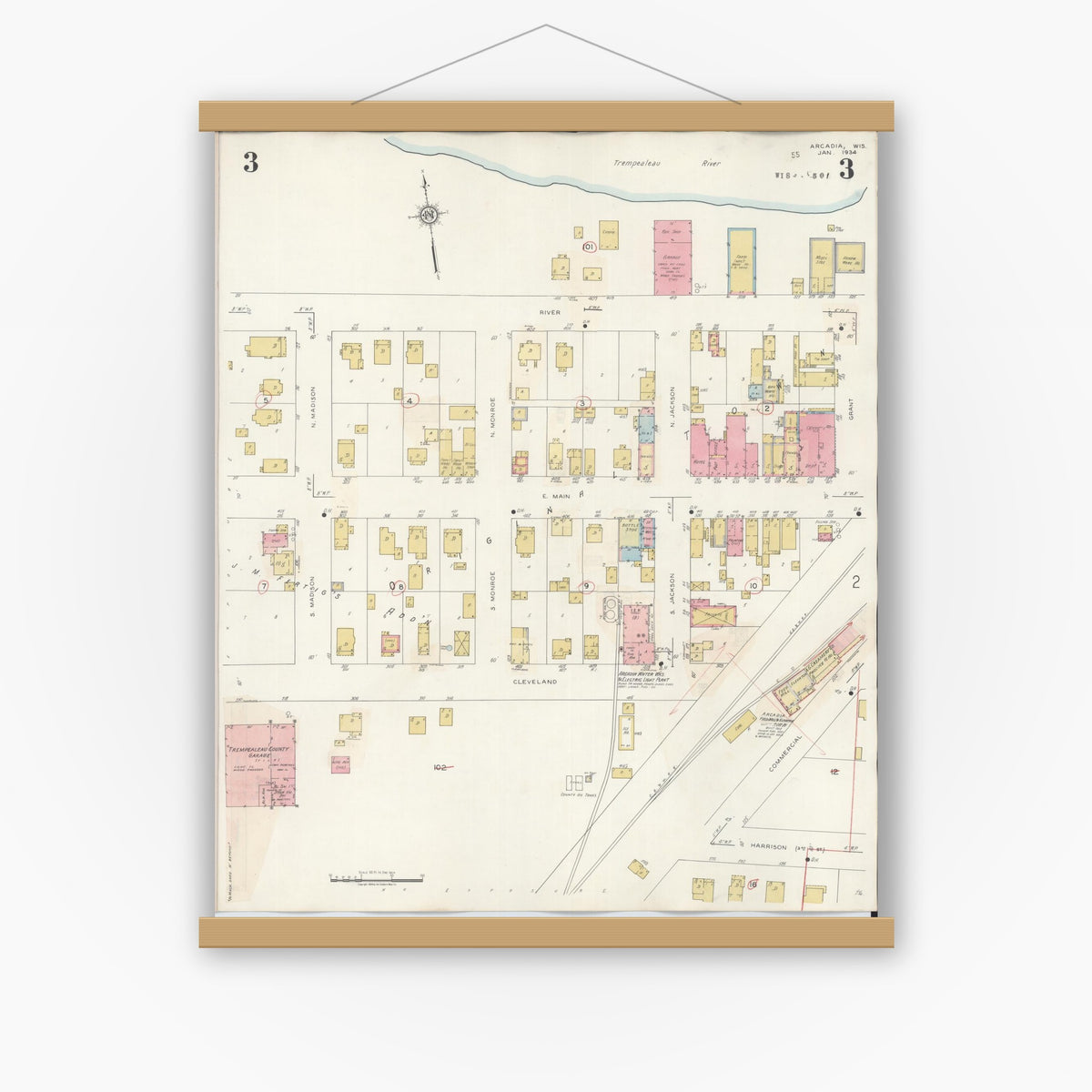 Old map wall art mockup — magnetic wood frame on white wall — Sanborn Fire Insurance Map from Arcadia, Trempealeau County, Wisconsin (1943), Sheet #0003
