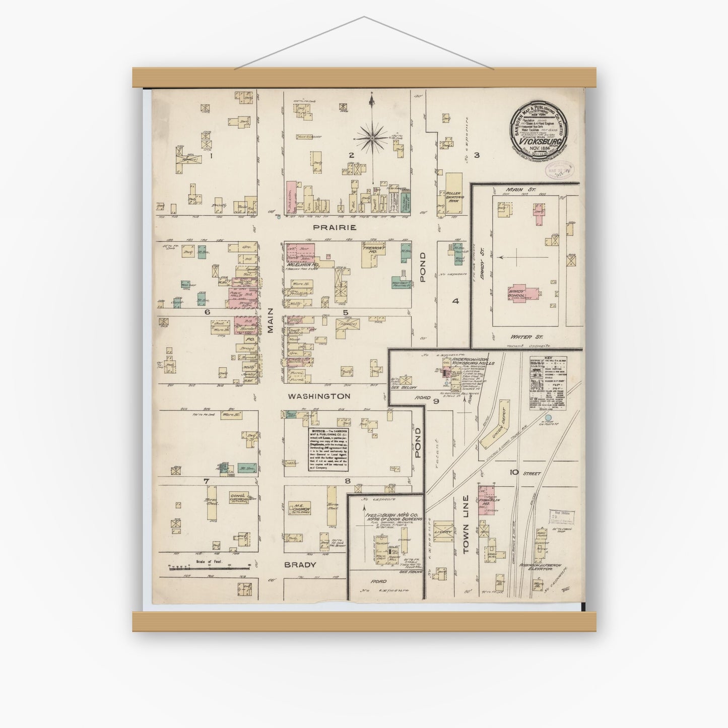 Old map wall art mockup — magnetic wood frame on white wall — Sanborn Fire Insurance Map from Vicksburg, Kalamazoo County, Michigan (1884), Sheet #0001