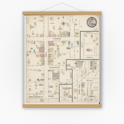 Old map wall art mockup — magnetic wood frame on white wall — Sanborn Fire Insurance Map from Vicksburg, Kalamazoo County, Michigan (1884), Sheet #0001
