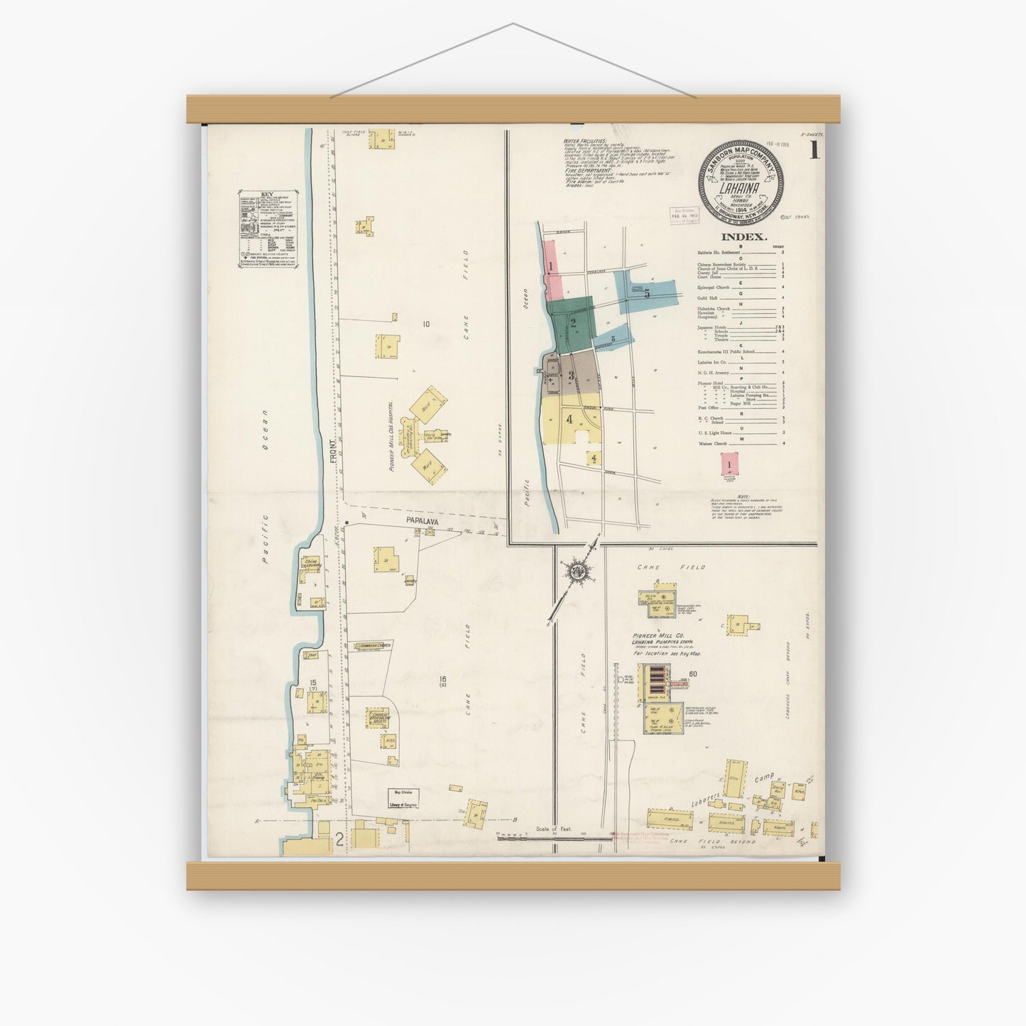 Old map wall art mockup — magnetic wood frame on white wall — Sanborn Fire Insurance Map from Lahaina, Maui County, Hawaii (1914) - Complete Map Set