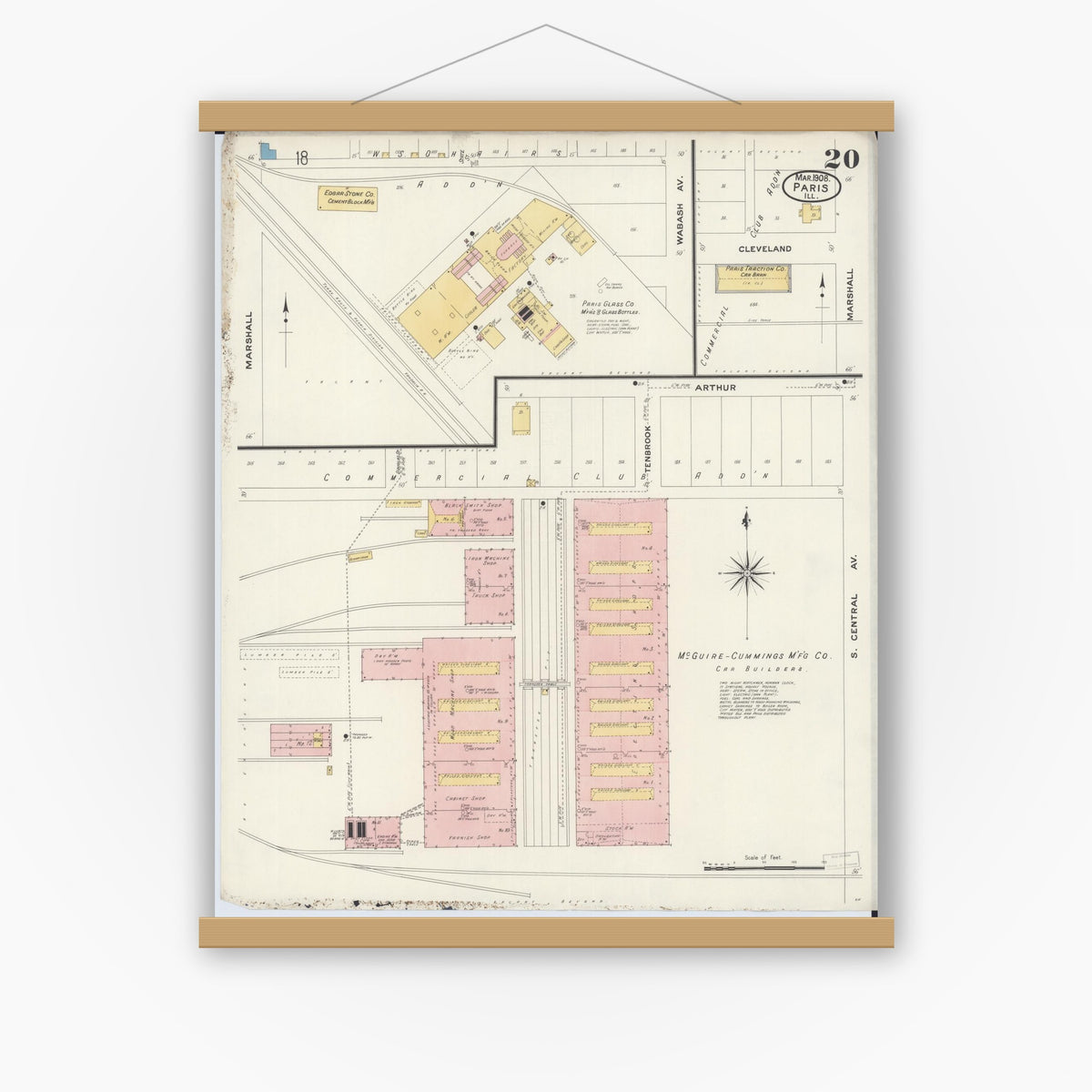 Old map wall art mockup — magnetic wood frame on white wall — Sanborn Fire Insurance Map from Paris, Edgar County, Illinois (1908), Sheet #0020