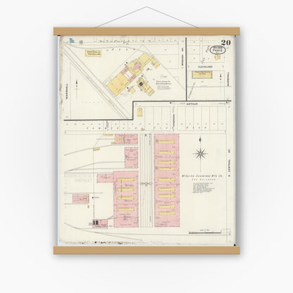 Old map wall art mockup — magnetic wood frame on white wall — Sanborn Fire Insurance Map from Paris, Edgar County, Illinois (1908), Sheet #0020