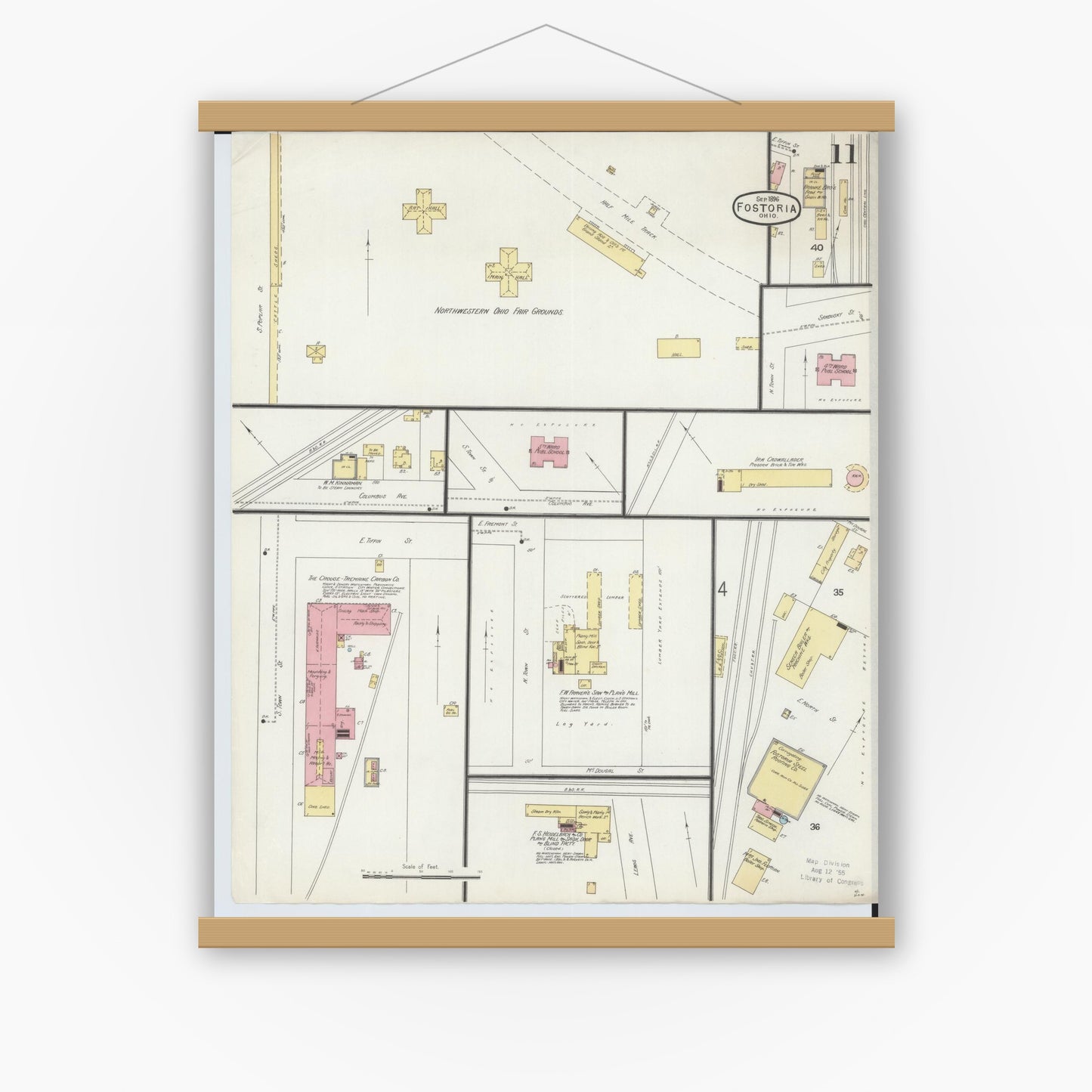 Old map wall art mockup — magnetic wood frame on white wall — Sanborn Fire Insurance Map from Fostoria, Seneca, Hancock, And Wood Counties, Ohio (1896), Sheet #0011