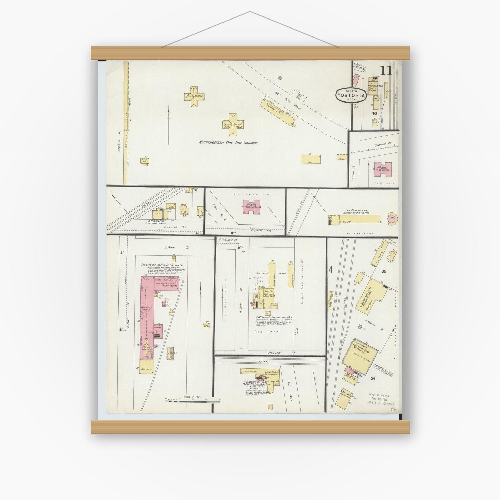 Old map wall art mockup — magnetic wood frame on white wall — Sanborn Fire Insurance Map from Fostoria, Seneca, Hancock, And Wood Counties, Ohio (1896), Sheet #0011