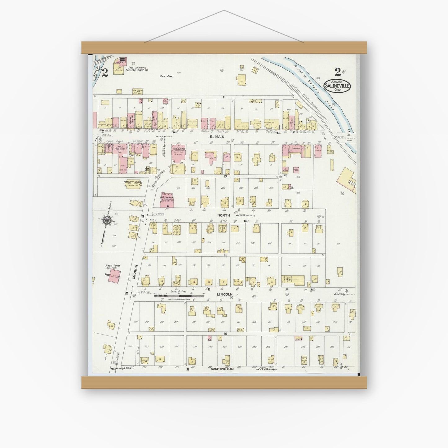 Old map wall art mockup — magnetic wood frame on white wall — Sanborn Fire Insurance Map from Salineville, Columbiana County, Ohio (1924), Sheet #0002