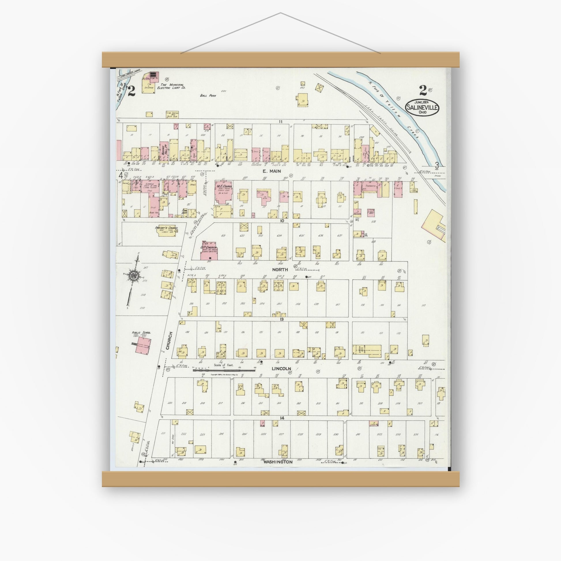 Old map wall art mockup — magnetic wood frame on white wall — Sanborn Fire Insurance Map from Salineville, Columbiana County, Ohio (1924), Sheet #0002