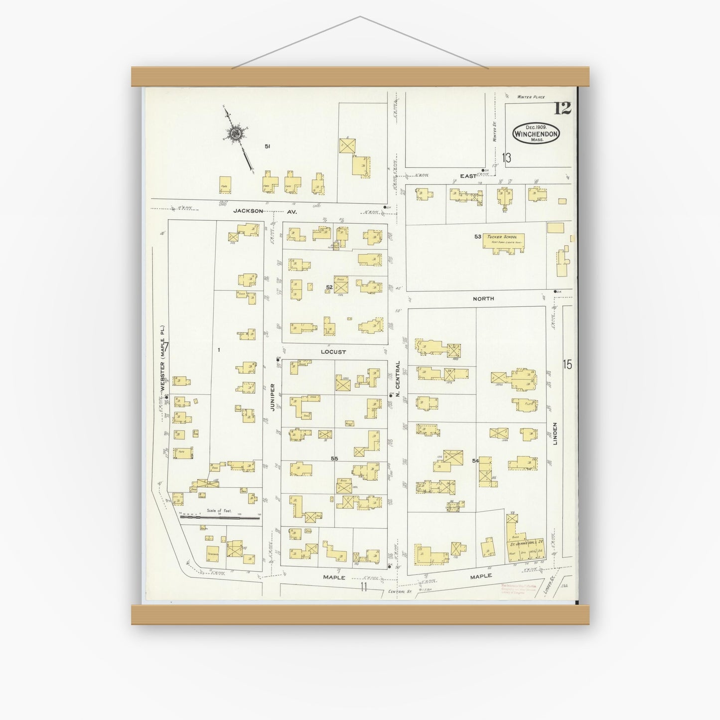 Old map wall art mockup — magnetic wood frame on white wall — Sanborn Fire Insurance Map from Winchendon, Worcester County, Massachusetts (1909), Sheet #0012