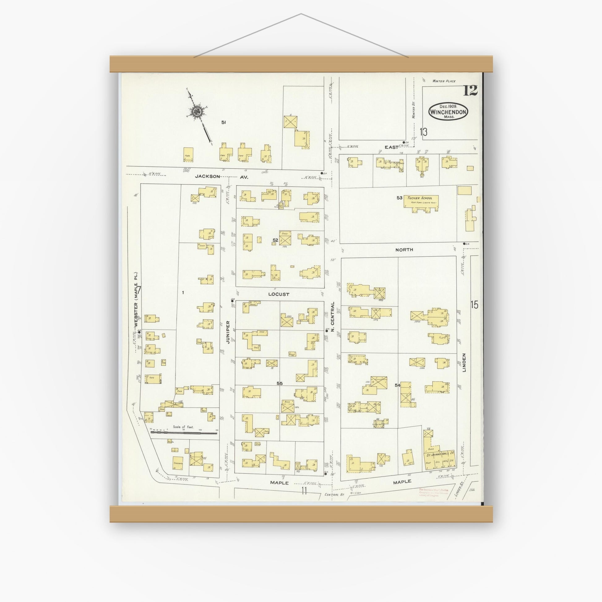 Old map wall art mockup — magnetic wood frame on white wall — Sanborn Fire Insurance Map from Winchendon, Worcester County, Massachusetts (1909), Sheet #0012