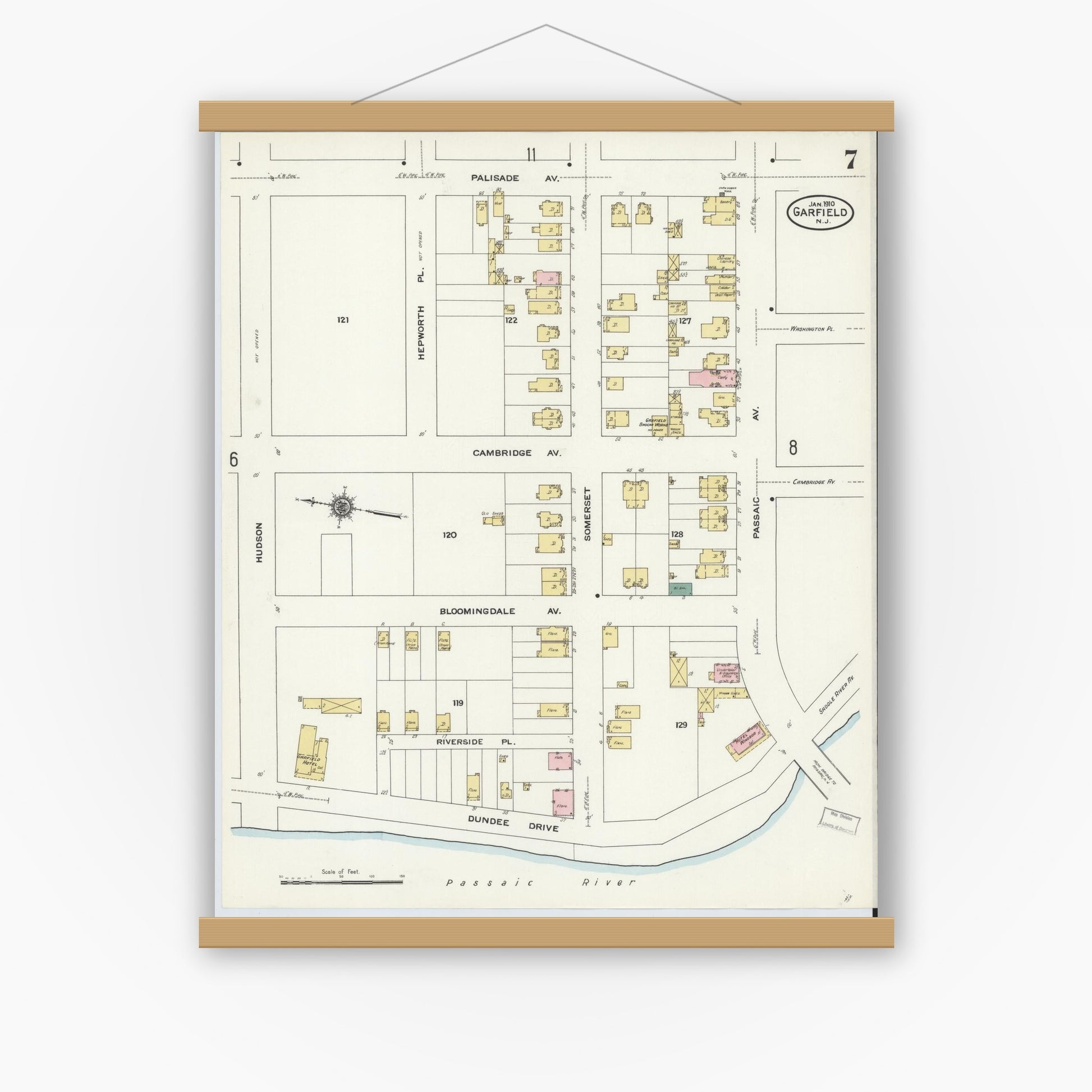 Old map wall art mockup — magnetic wood frame on white wall — Sanborn Fire Insurance Map from Garfield, Bergen County, New Jersey (1910), Sheet #0007