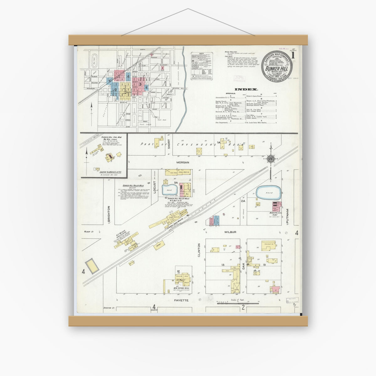 Old map wall art mockup — magnetic wood frame on white wall — Sanborn Fire Insurance Map from Bunker Hill, Macoupin County, Illinois (1910) - Complete Map Set