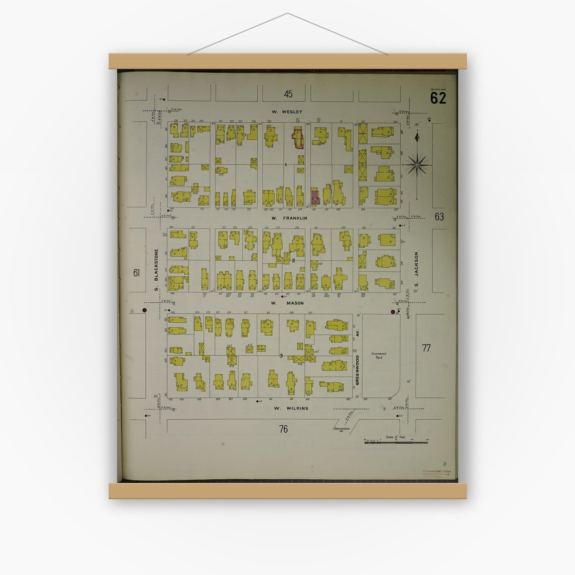 Old map wall art mockup — magnetic wood frame on white wall — Sanborn Fire Insurance Map from Jackson, Jackson County, Michigan (1907), Sheet #0062
