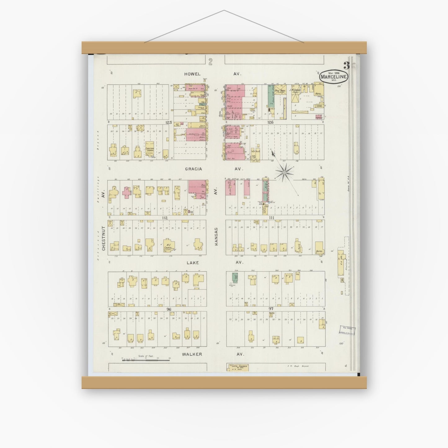 Old map wall art mockup — magnetic wood frame on white wall — Sanborn Fire Insurance Map from Marceline, Linn County, Missouri (1894), Sheet #0003