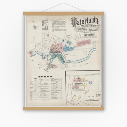 Old map wall art mockup — magnetic wood frame on white wall — Sanborn Fire Insurance Map from Watertown, Middlesex County, Massachusetts (1889), Sheet #0001