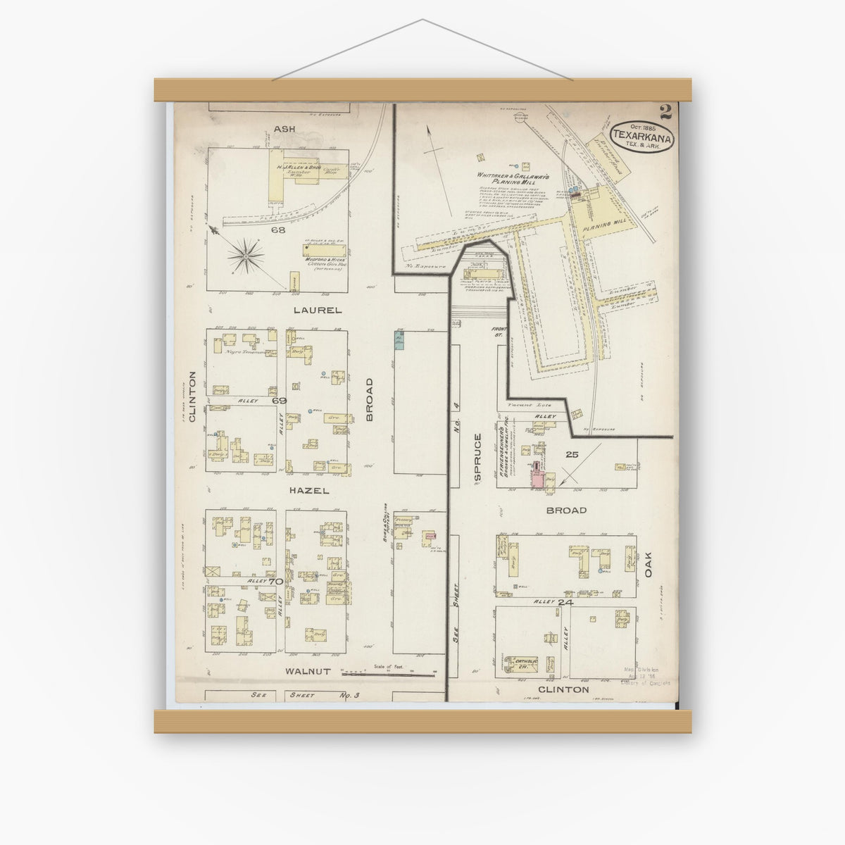 Old map wall art mockup — magnetic wood frame on white wall — Sanborn Fire Insurance Map from Texarkana, Bowie County, Texas (1885), Sheet #0002