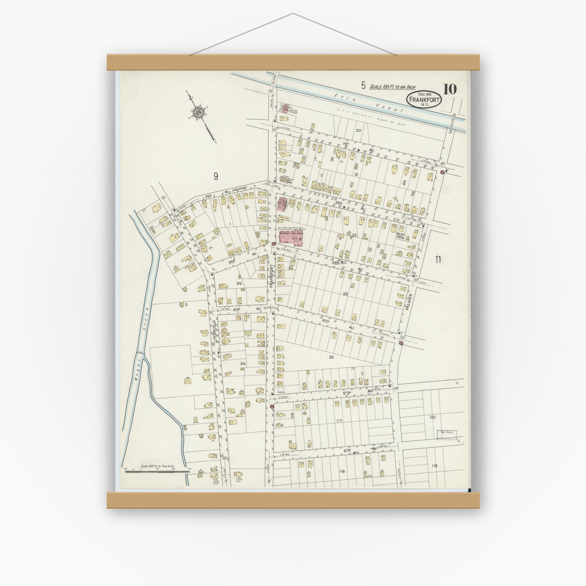 Old map wall art mockup — magnetic wood frame on white wall — Sanborn Fire Insurance Map from Frankfort, Herkimer County, New York (1914), Sheet #0010