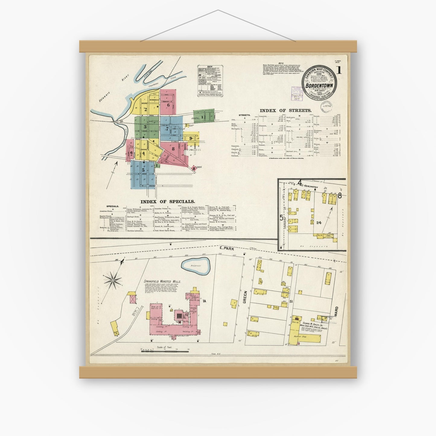 Old map wall art mockup — magnetic wood frame on white wall — Sanborn Fire Insurance Map from Bordentown, Burlington County, New Jersey (1902), Sheet #0001