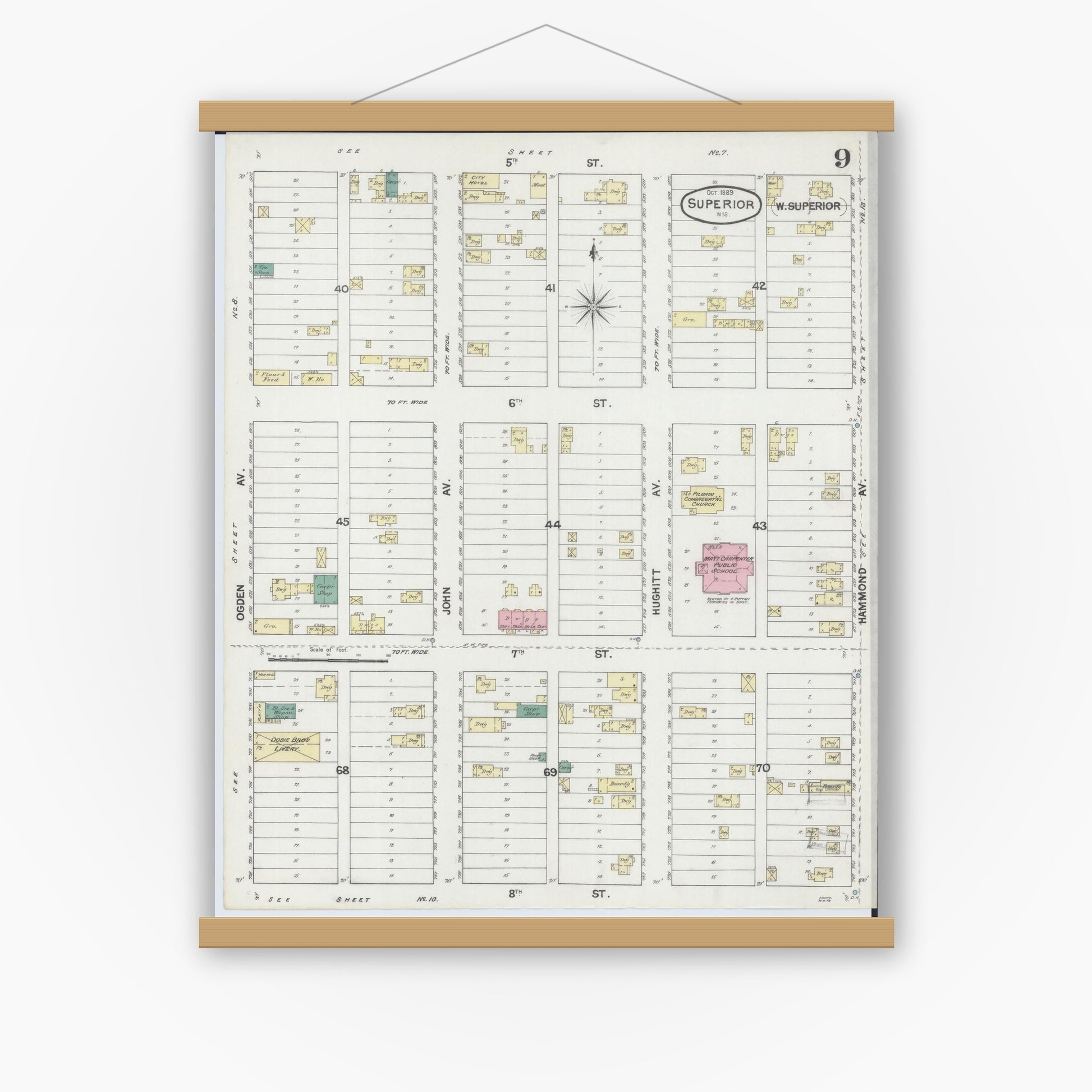 Old map wall art mockup — magnetic wood frame on white wall — Sanborn Fire Insurance Map from Superior, Douglas County, Wisconsin (1889), Sheet #0009