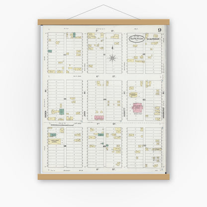 Old map wall art mockup — magnetic wood frame on white wall — Sanborn Fire Insurance Map from Superior, Douglas County, Wisconsin (1889), Sheet #0009
