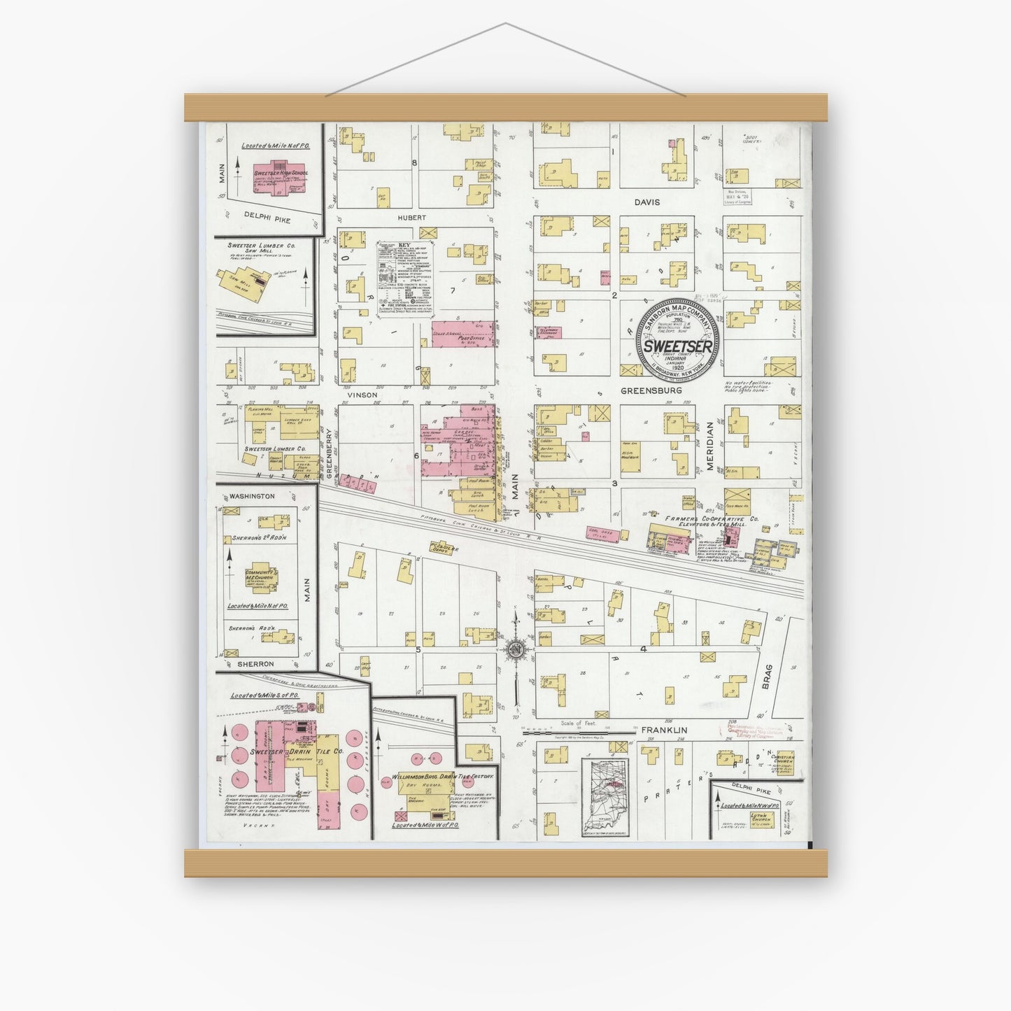 Old map wall art mockup — magnetic wood frame on white wall — Sanborn Fire Insurance Map from Sweetser, Grant County, Indiana (1920), Sheet #0001