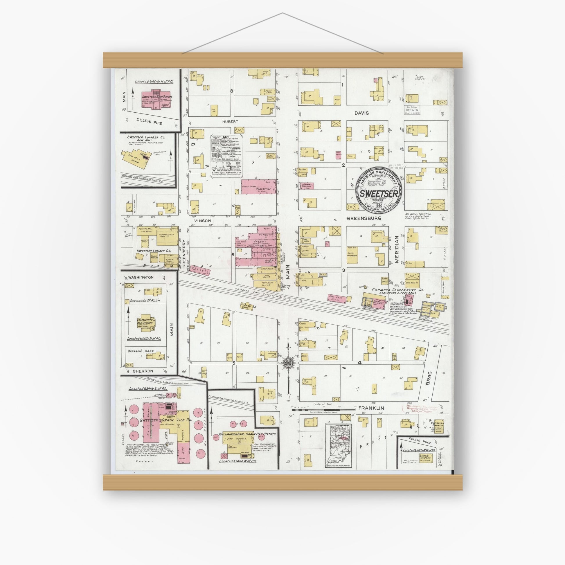 Old map wall art mockup — magnetic wood frame on white wall — Sanborn Fire Insurance Map from Sweetser, Grant County, Indiana (1920), Sheet #0001
