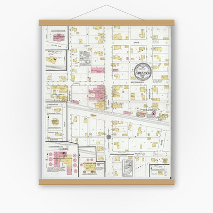 Old map wall art mockup — magnetic wood frame on white wall — Sanborn Fire Insurance Map from Sweetser, Grant County, Indiana (1920), Sheet #0001