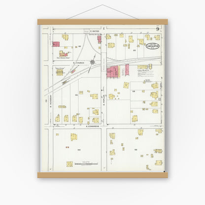 Old map wall art mockup — magnetic wood frame on white wall — Sanborn Fire Insurance Map from Lincolnton, Lincoln County, North Carolina (1921), Sheet #0009
