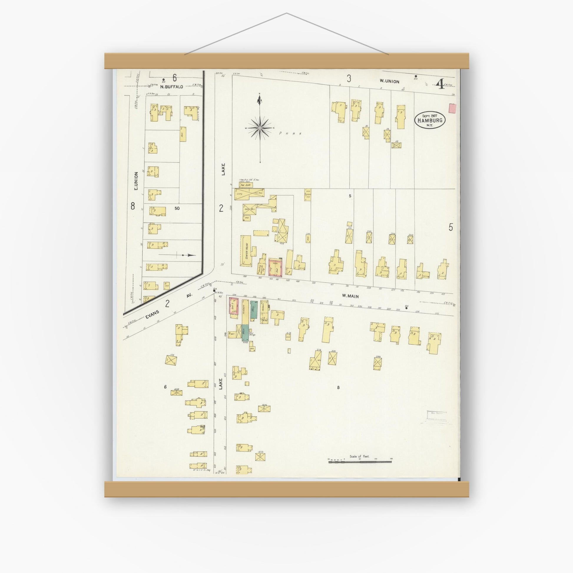 Old map wall art mockup — magnetic wood frame on white wall — Sanborn Fire Insurance Map from Hamburg, Erie County, New York (1907), Sheet #0004