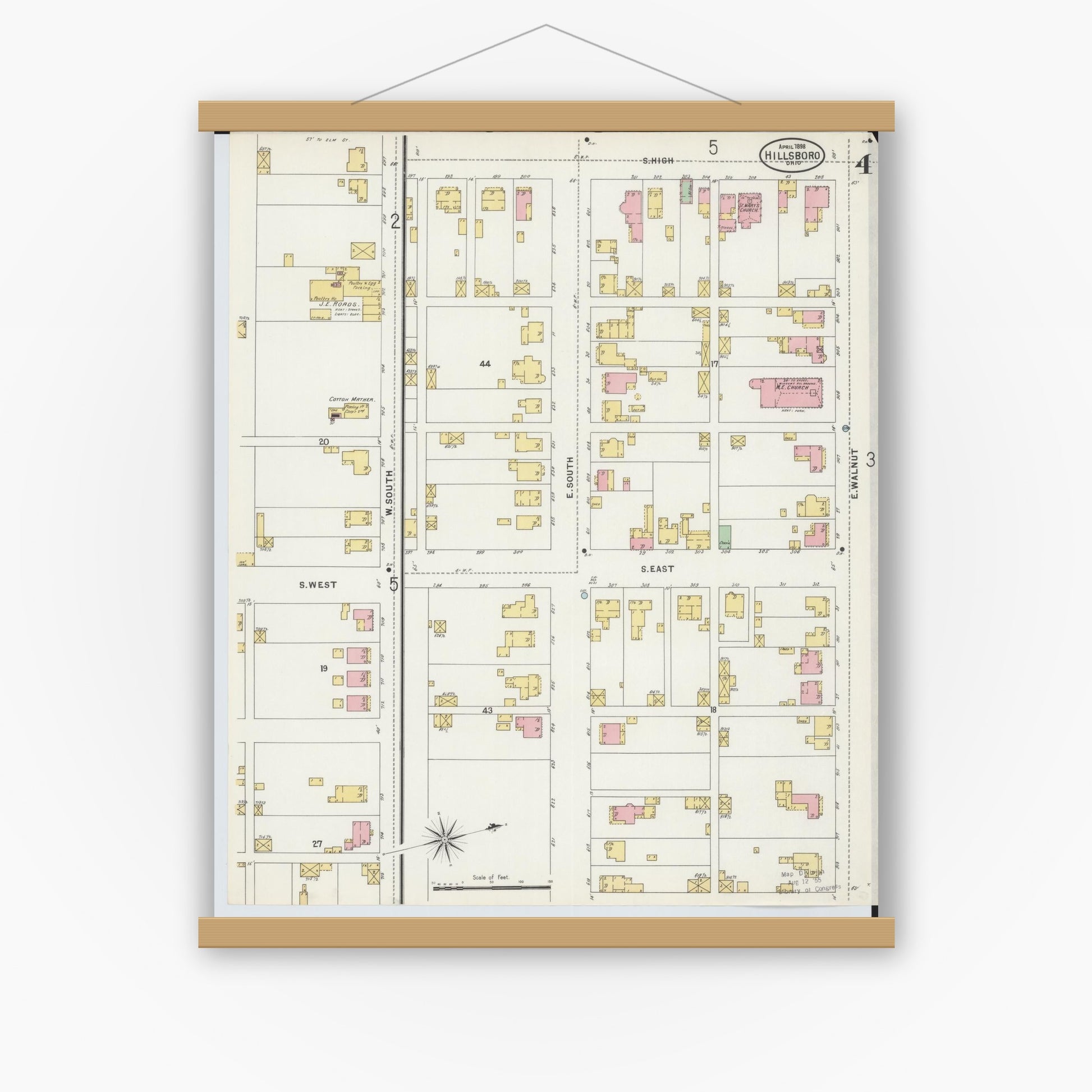 Old map wall art mockup — magnetic wood frame on white wall — Sanborn Fire Insurance Map from Hillsboro, Highland County, Ohio (1898), Sheet #0004