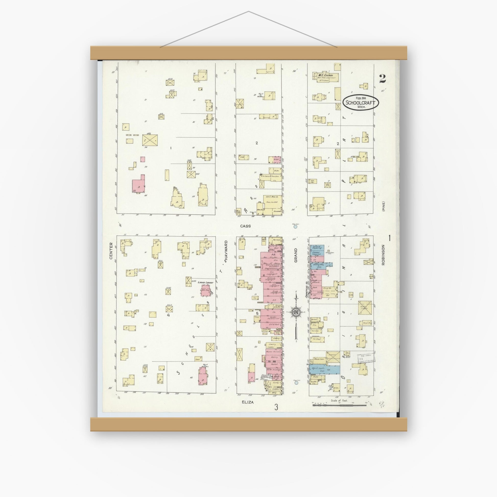 Old map wall art mockup — magnetic wood frame on white wall — Sanborn Fire Insurance Map from Schoolcraft, Kalamazoo County, Michigan (1914), Sheet #0002
