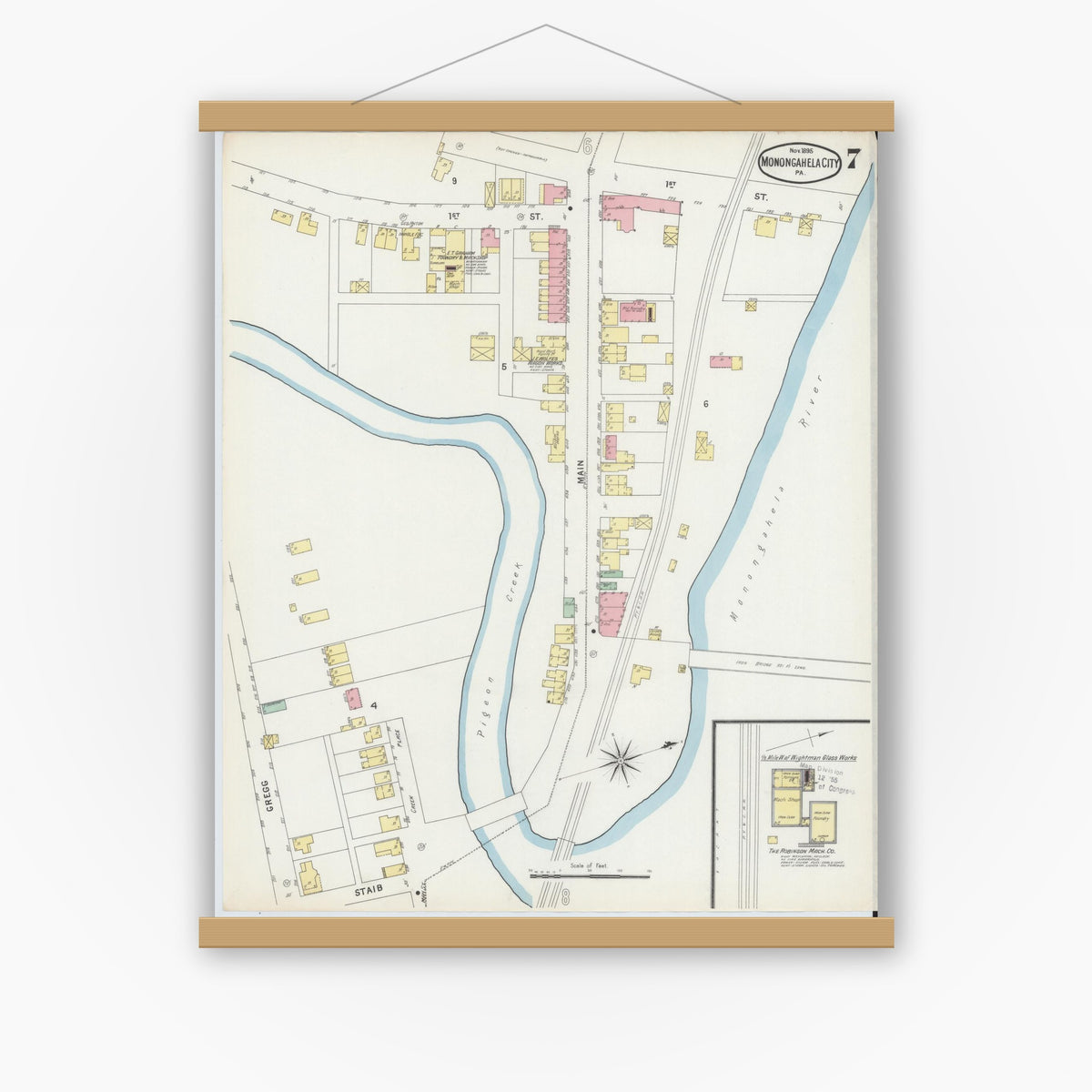 Old map wall art mockup — magnetic wood frame on white wall — Sanborn Fire Insurance Map from Monongahela City, Washington County, Pennsylvania (1895), Sheet #0007