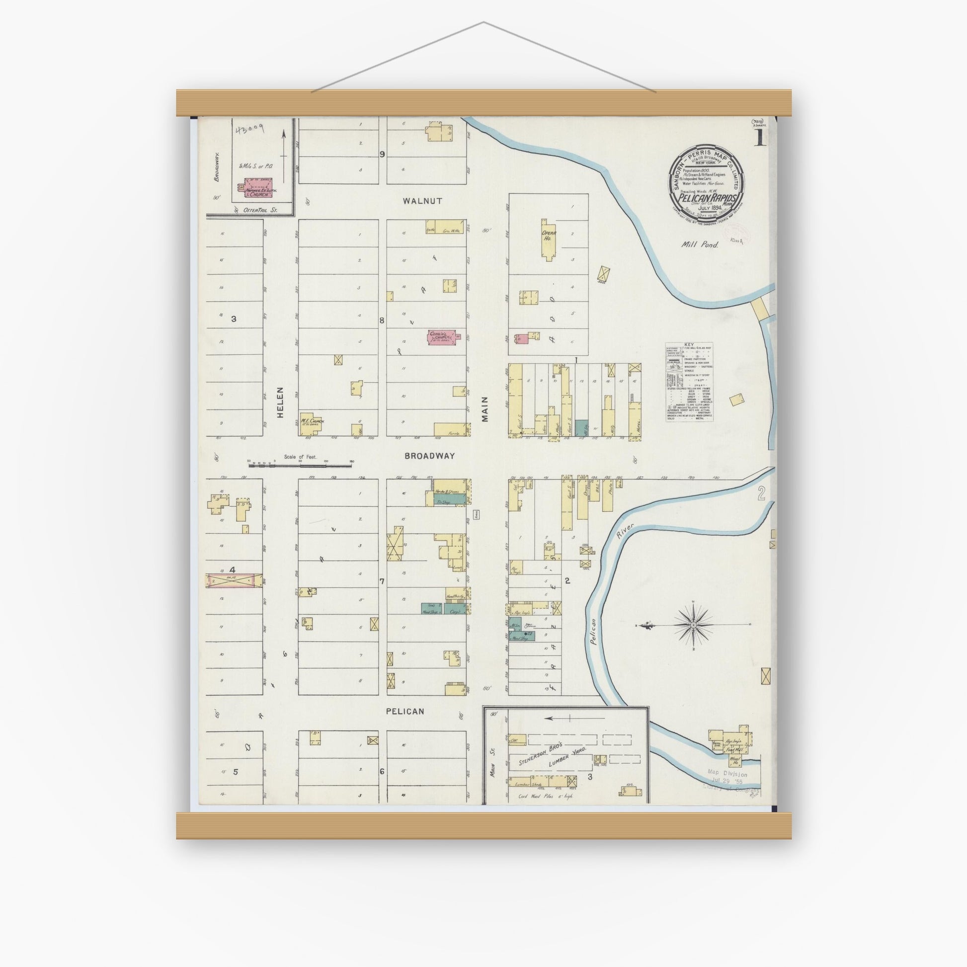 Old map wall art mockup — magnetic wood frame on white wall — Sanborn Fire Insurance Map from Pelican Rapids, Otter Tail County, Minnesota (1894) - Complete Map Set