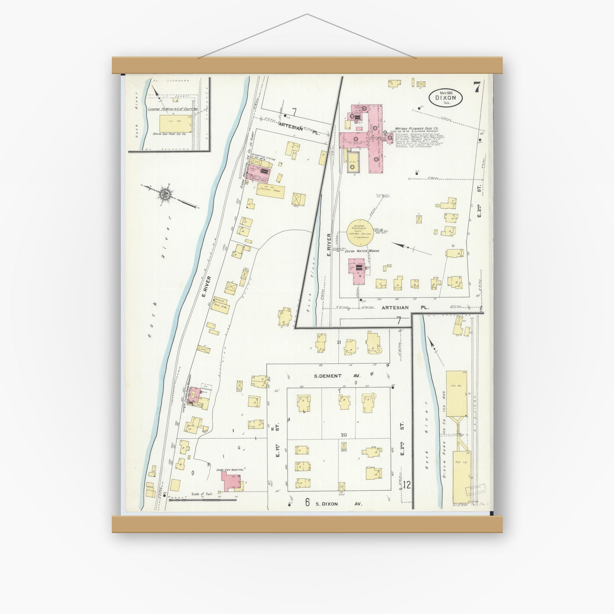 Old map wall art mockup — magnetic wood frame on white wall — Sanborn Fire Insurance Map from Dixon, Lee County, Illinois (1910), Sheet #0007