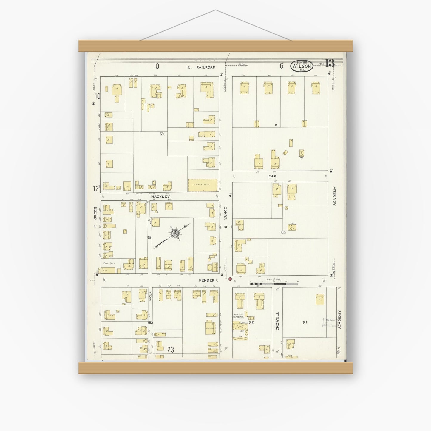 Old map wall art mockup — magnetic wood frame on white wall — Sanborn Fire Insurance Map from Wilson, Wilson County, North Carolina (1913), Sheet #0013