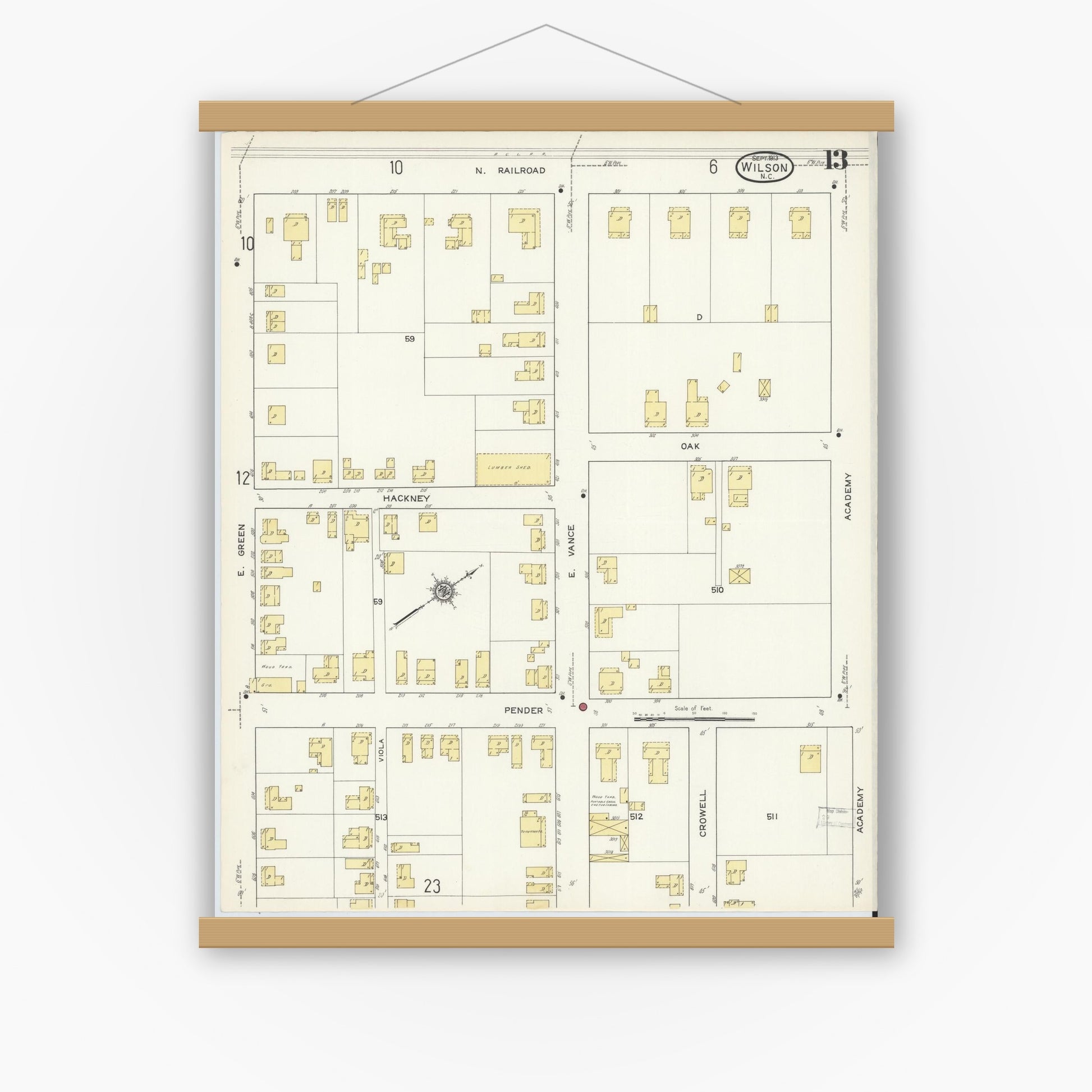 Old map wall art mockup — magnetic wood frame on white wall — Sanborn Fire Insurance Map from Wilson, Wilson County, North Carolina (1913), Sheet #0013