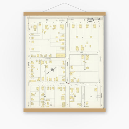 Old map wall art mockup — magnetic wood frame on white wall — Sanborn Fire Insurance Map from Wilson, Wilson County, North Carolina (1913), Sheet #0013