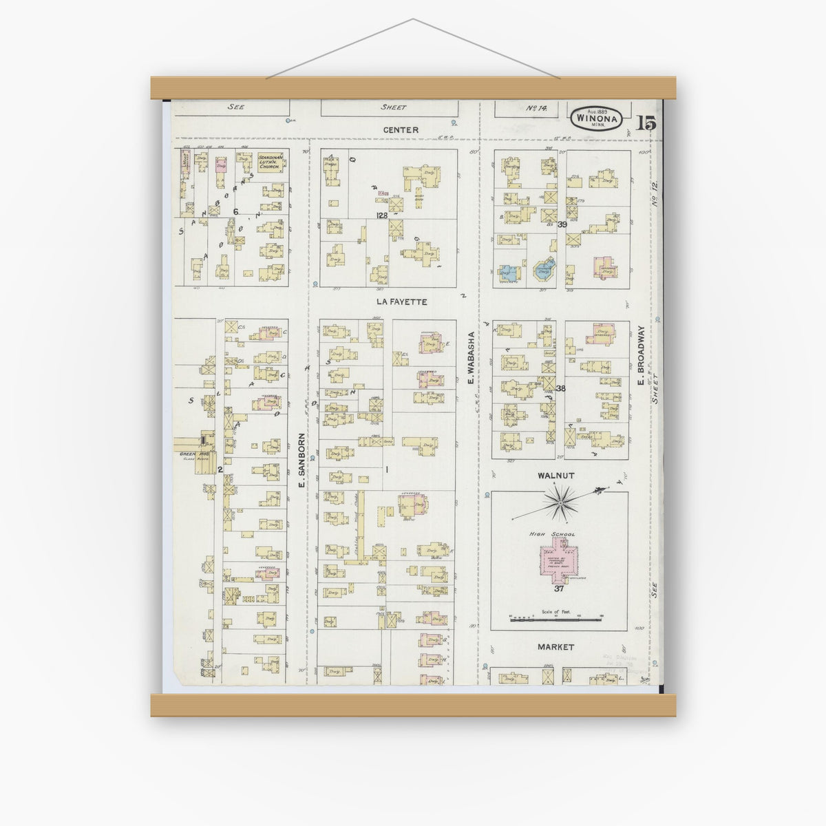 Old map wall art mockup — magnetic wood frame on white wall — Sanborn Fire Insurance Map from Winona, Winona County, Minnesota (1889), Sheet #0015