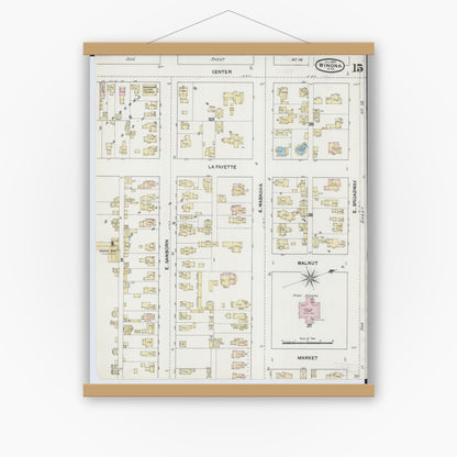Old map wall art mockup — magnetic wood frame on white wall — Sanborn Fire Insurance Map from Winona, Winona County, Minnesota (1889), Sheet #0015