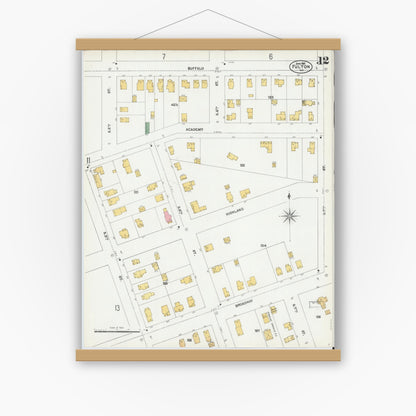 Old map wall art mockup — magnetic wood frame on white wall — Sanborn Fire Insurance Map from Fulton, Oswego County, New York (1901), Sheet #0012