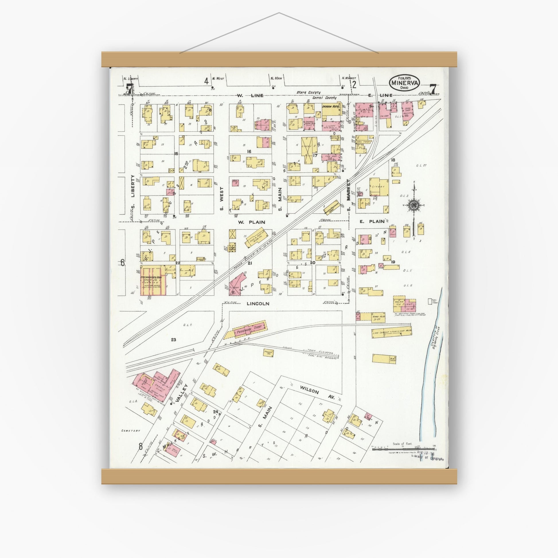 Old map wall art mockup — magnetic wood frame on white wall — Sanborn Fire Insurance Map from Minerva, Stark And Carroll Counties, Ohio (1925), Sheet #0007