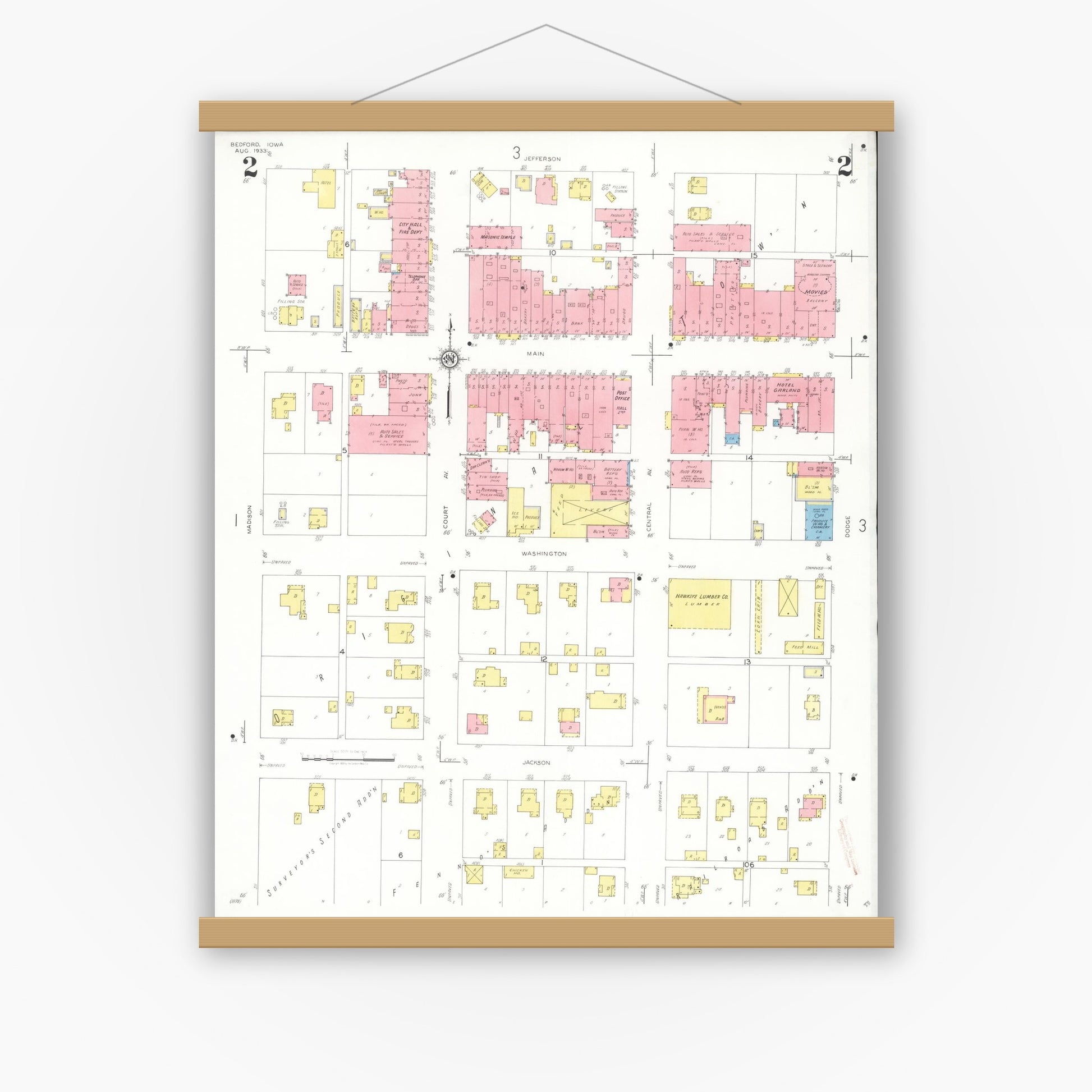 Old map wall art mockup — magnetic wood frame on white wall — Sanborn Fire Insurance Map from Bedford, Taylor County, Iowa (1933), Sheet #0002