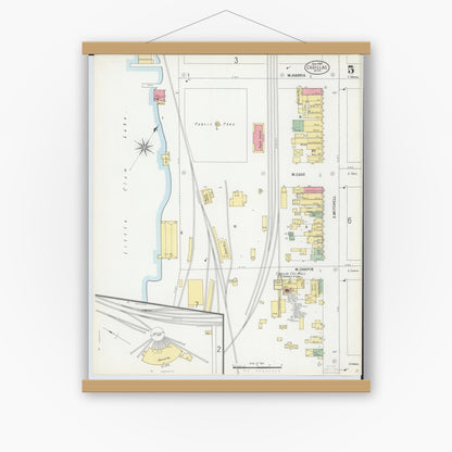 Old map wall art mockup — magnetic wood frame on white wall — Sanborn Fire Insurance Map from Cadillac, Wexford County, Michigan (1900), Sheet #0005