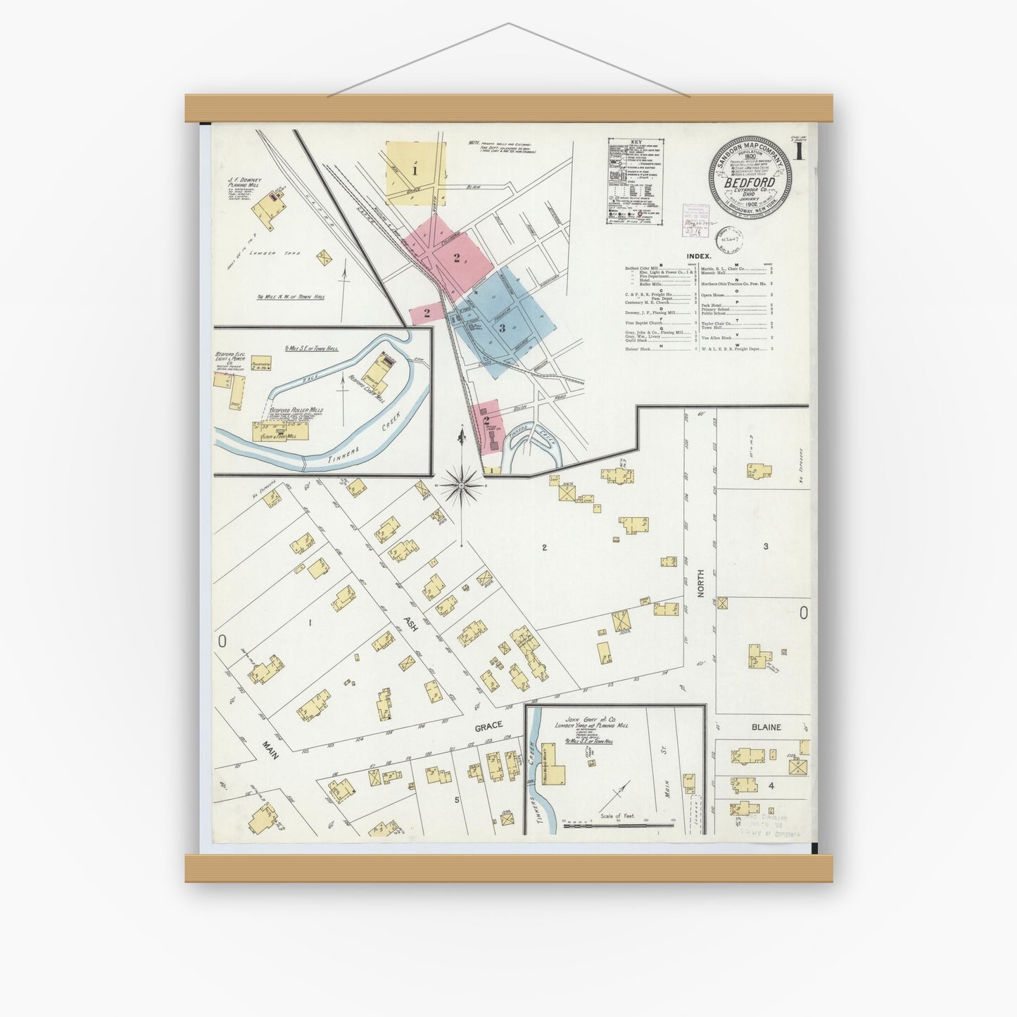 Old map wall art mockup — magnetic wood frame on white wall — Sanborn Fire Insurance Map from Bedford, Cuyahoga County, Ohio (1902), Sheet #0001