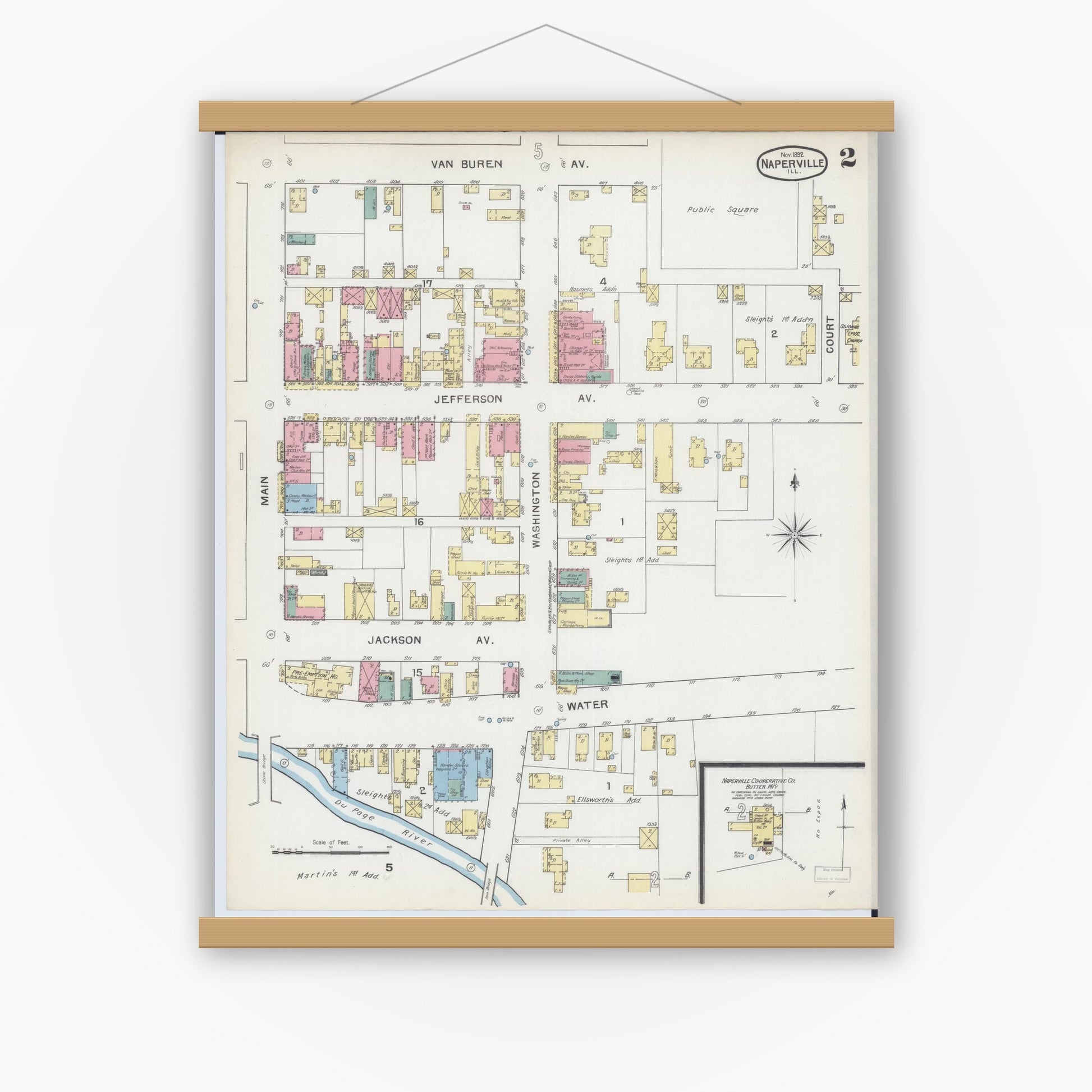 Old map wall art mockup — magnetic wood frame on white wall — Sanborn Fire Insurance Map from Naperville, Du Page County, Illinois (1892), Sheet #0002